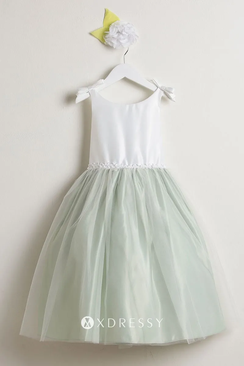 White light green satin simple flower girl dress