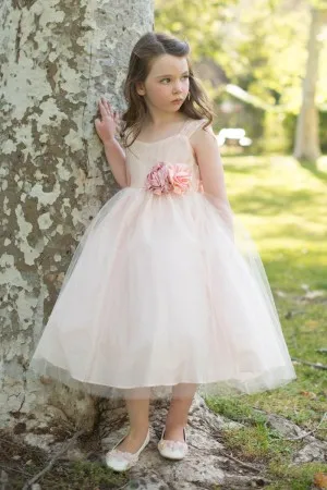 tea length blush pink satin tulle flower girl gown
