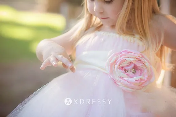 3D flower pink tulle princess ball gown flower girl dress