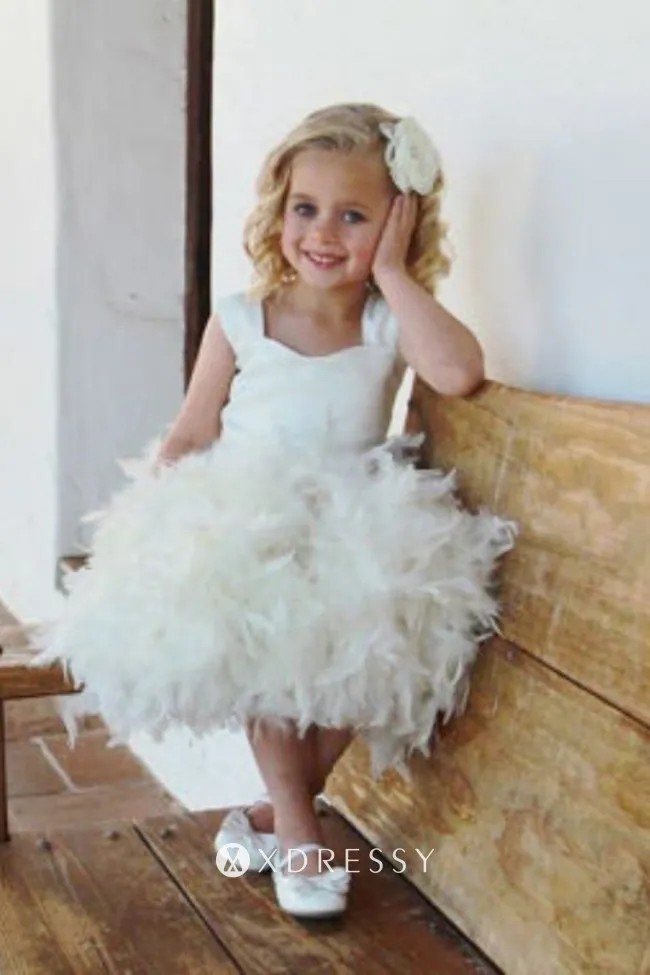 wide shoulder strap feather skirt ivory satin short girl dress