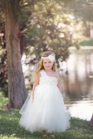 floral single strap ivory tulle flower girl dress