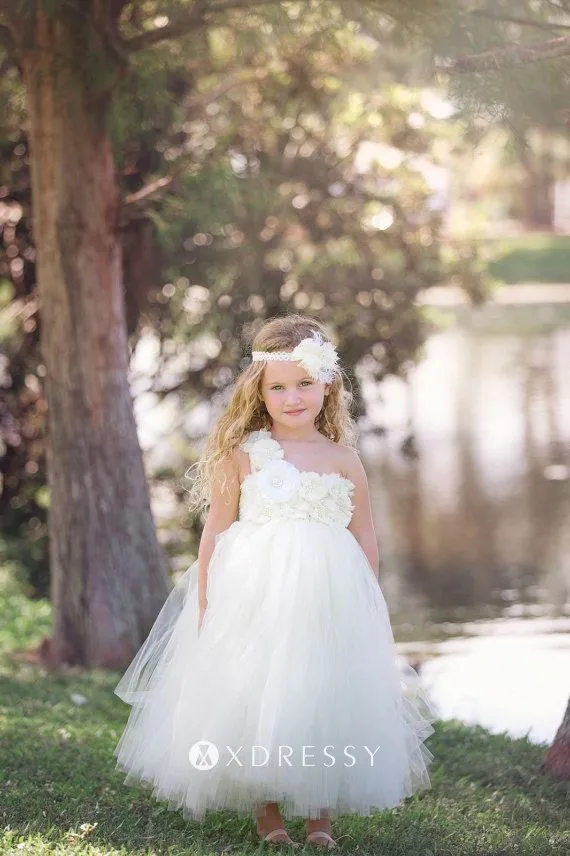 floral single strap ivory tulle flower girl dress