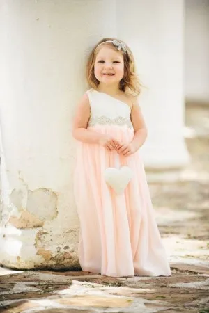 single shoulder beaded long flower girl dress
