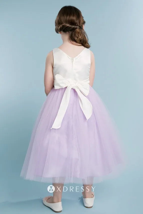 tea length tulle overlay two tone flower girl gown