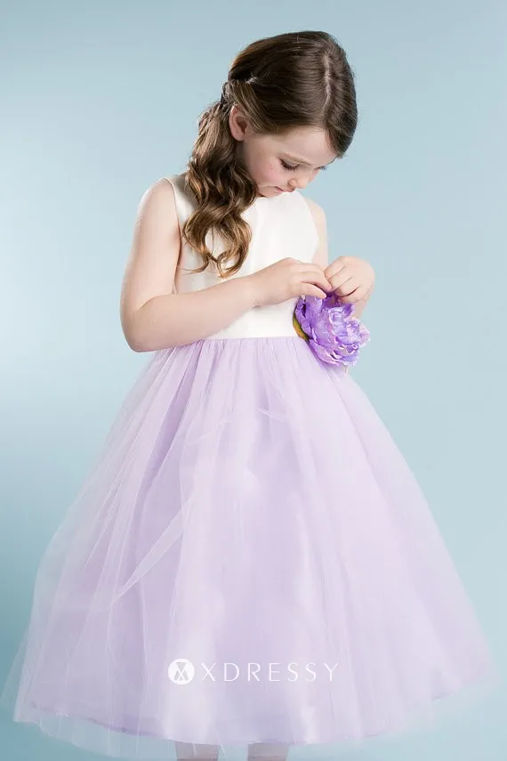 tea length tulle overlay two tone flower girl gown