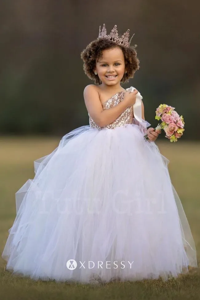 One Shoulder Gold Sequin & White Tulle Girl Dress - Xdressy