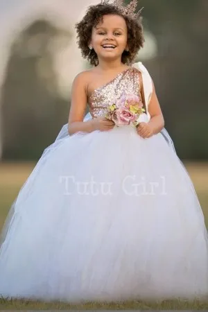 one shoulder gold sequin white tulle girl dress
