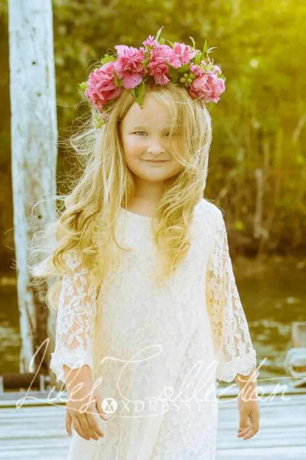 34 length sleeves short white lace flower girl dress