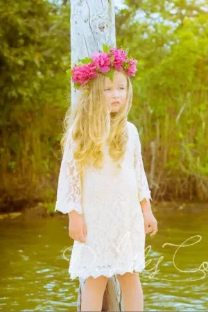 white lace 34 length sleeves short flower girl dress