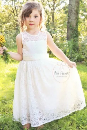 ivory lace sleeveless long flower girl dress