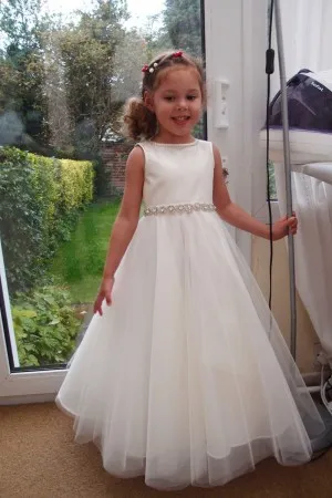 beaded white satin tulle long flower girl dress