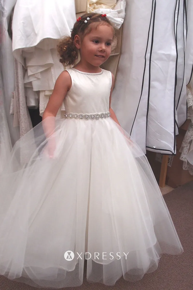 crew neck beaded white satin tulle long flower girl dress
