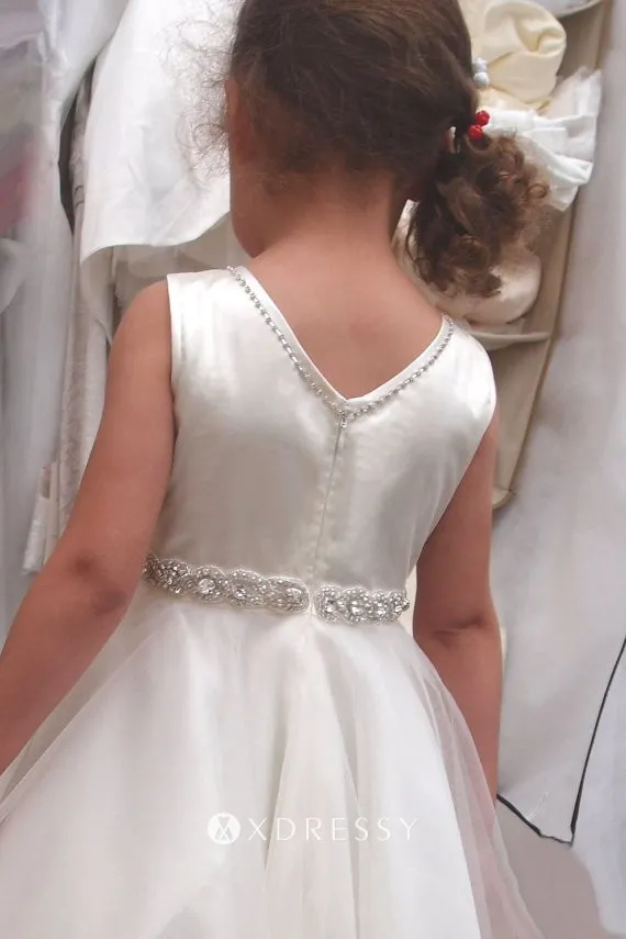 white satin tulle beaded long flower girl dress