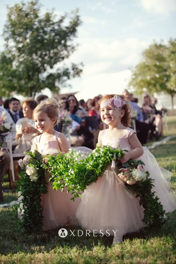 blush pink satin tulle long flower girl dress
