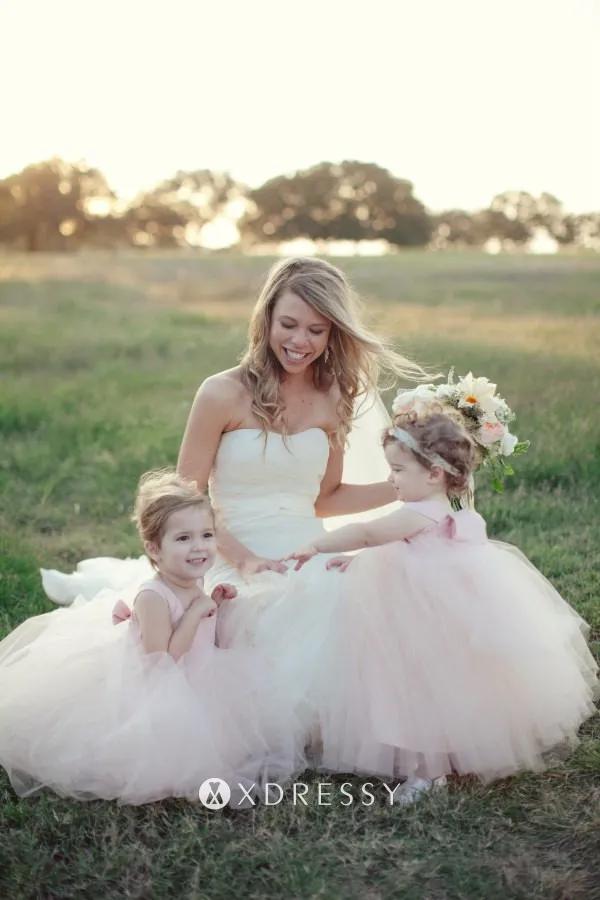 blush pink satin tulle long flower girl dress