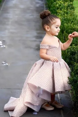glitter hotfix pearl pink off shoulder high low girl dress