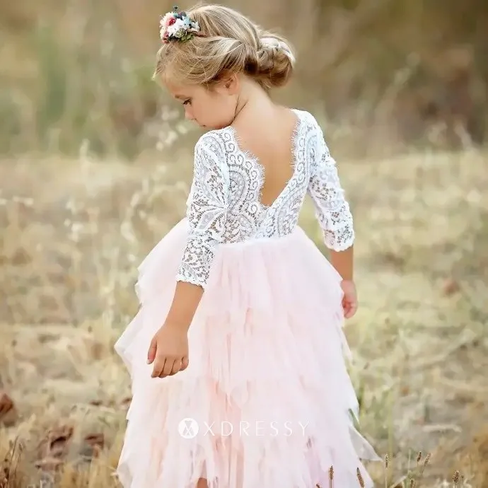 Jagged white lace and light pink ruffled tulle flower girl dress for wedding Jagged white lace and light pink ruffled tulle flower girl dress for wedding