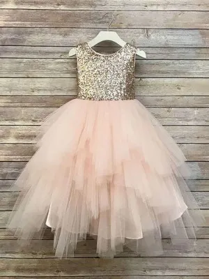 Gold Sequin and Blush Tulle Baby Flower Girl Dress