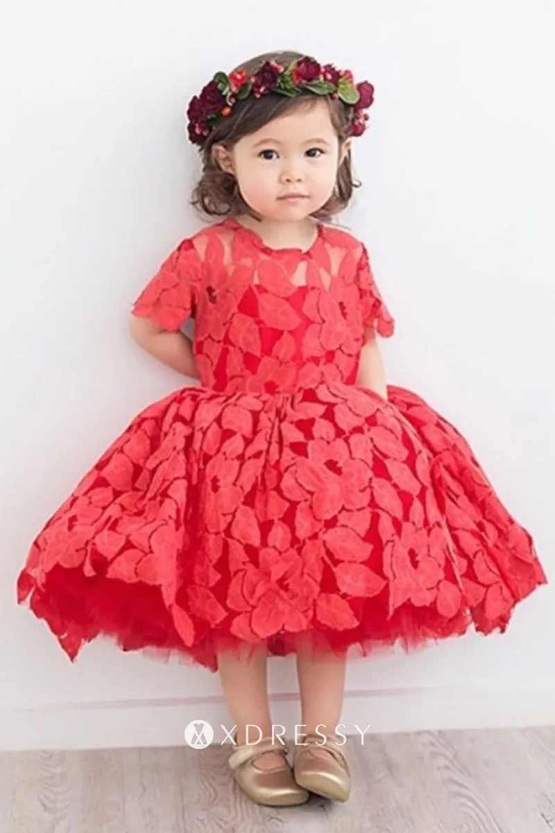 red leaf pattern lace tea length girl dress