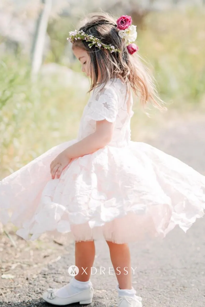 short sleeve white leaf pattern lace girl dress