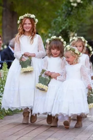long sleeve white lace satin flower girl dress