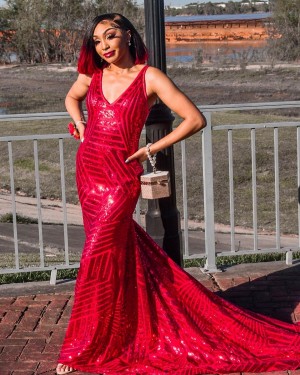 Red Sequin Plunging V Neck Long Train Prom Dress - Xdressy