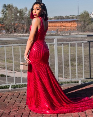 Red Sequin Plunging V Neck Long Train Prom Dress - Xdressy