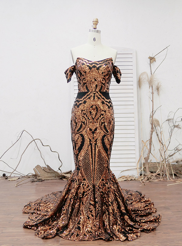 thumbnail interactive-video image 1 of Off-Shoulder Satin Prom Dress - Ball Gown With Slits Chocolate Size 8 1 of 10